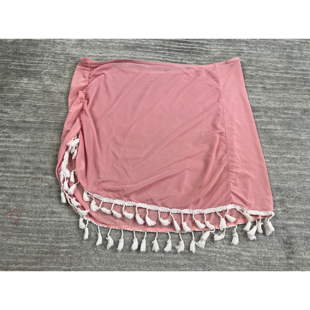 Unbranded Swim Cover Up Women Size S Pink Mesh Tassel Ruched Sarong Skirt Sheer